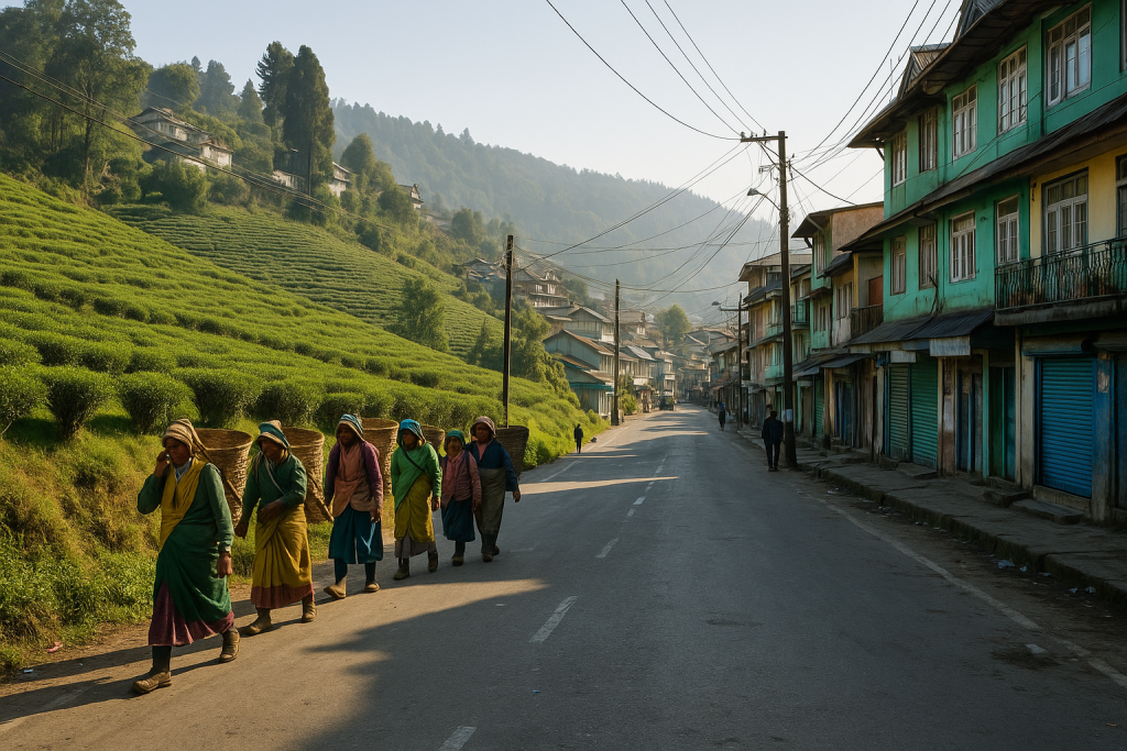 peaceful Sonada hill town street with tea garden workers, clear daylight, safe friendly small town atmosphere Darjeeling - image 1